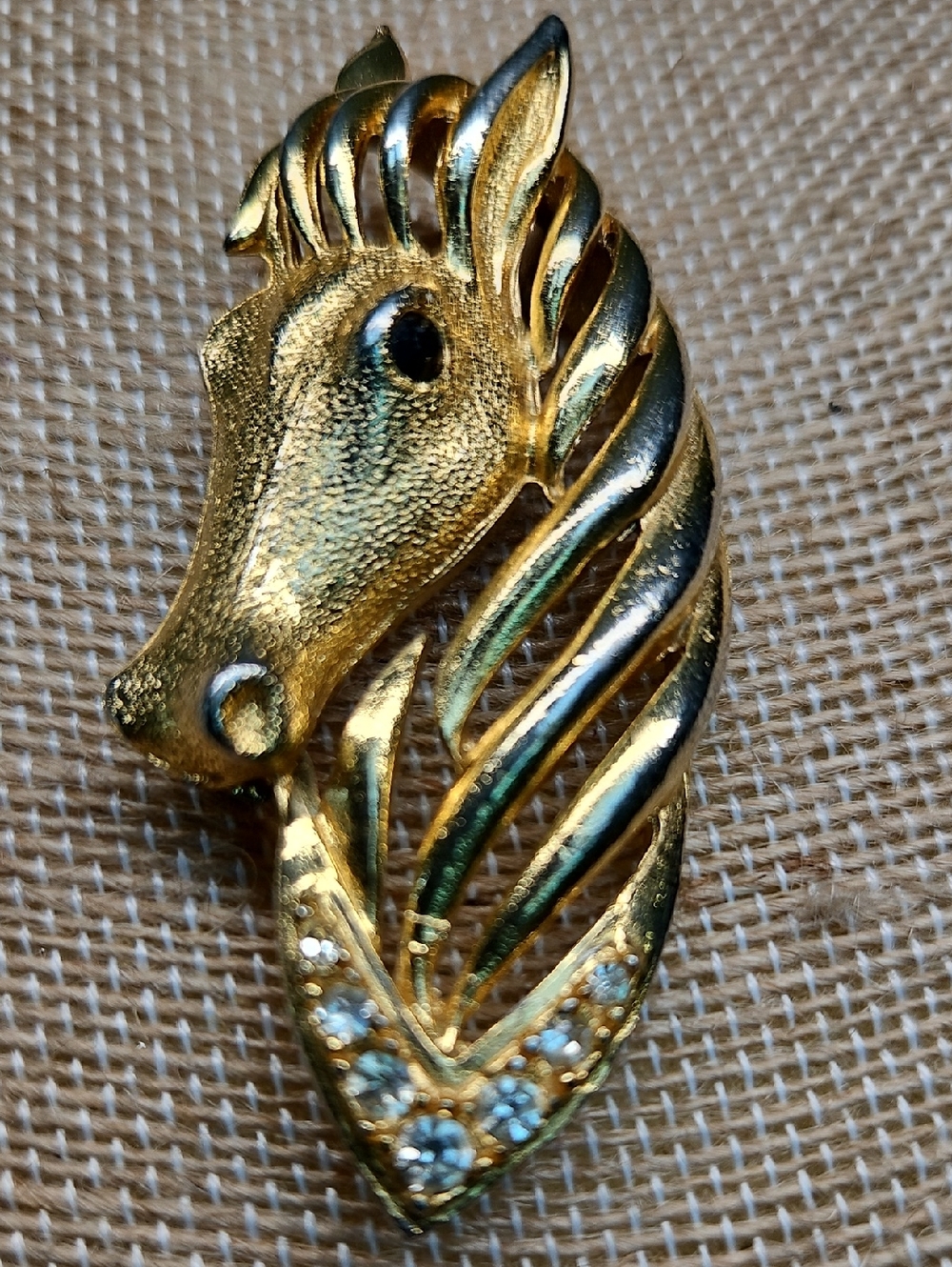Gold Horse Head Brooch with Crystal Accents